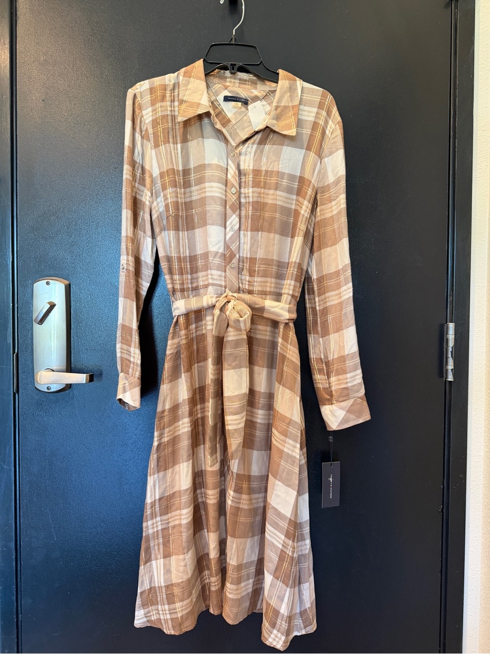 Tommy Hilfiger Plaid Tie-Waist Long Sleeve Dress in Brown and Cream
